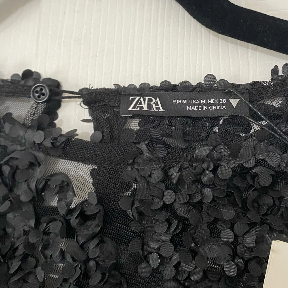 Zara Black Textured Sheer Long-Sleeve Top